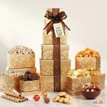 Happy Birthday Golden Gift Tower of Sweets