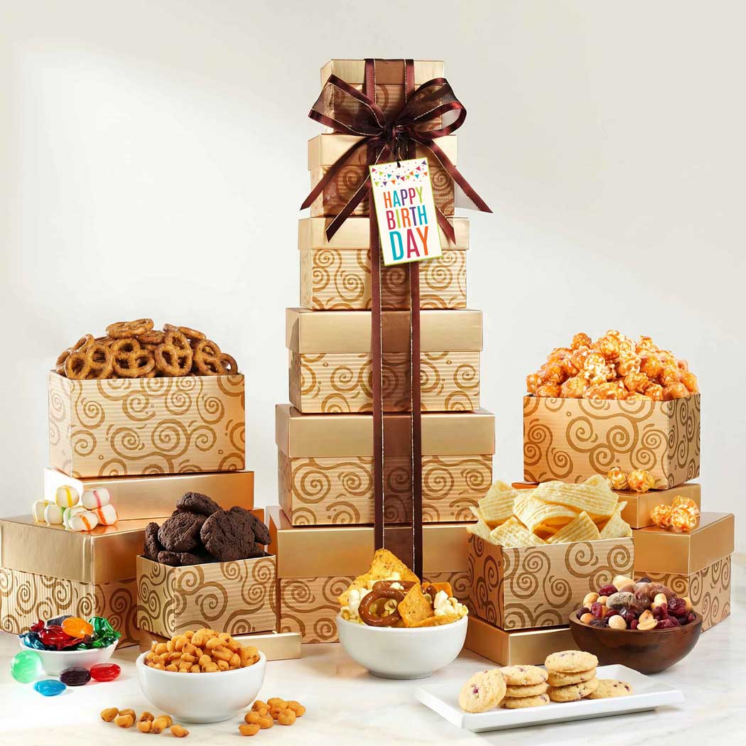 Happy Birthday Golden Gift Tower of Sweets