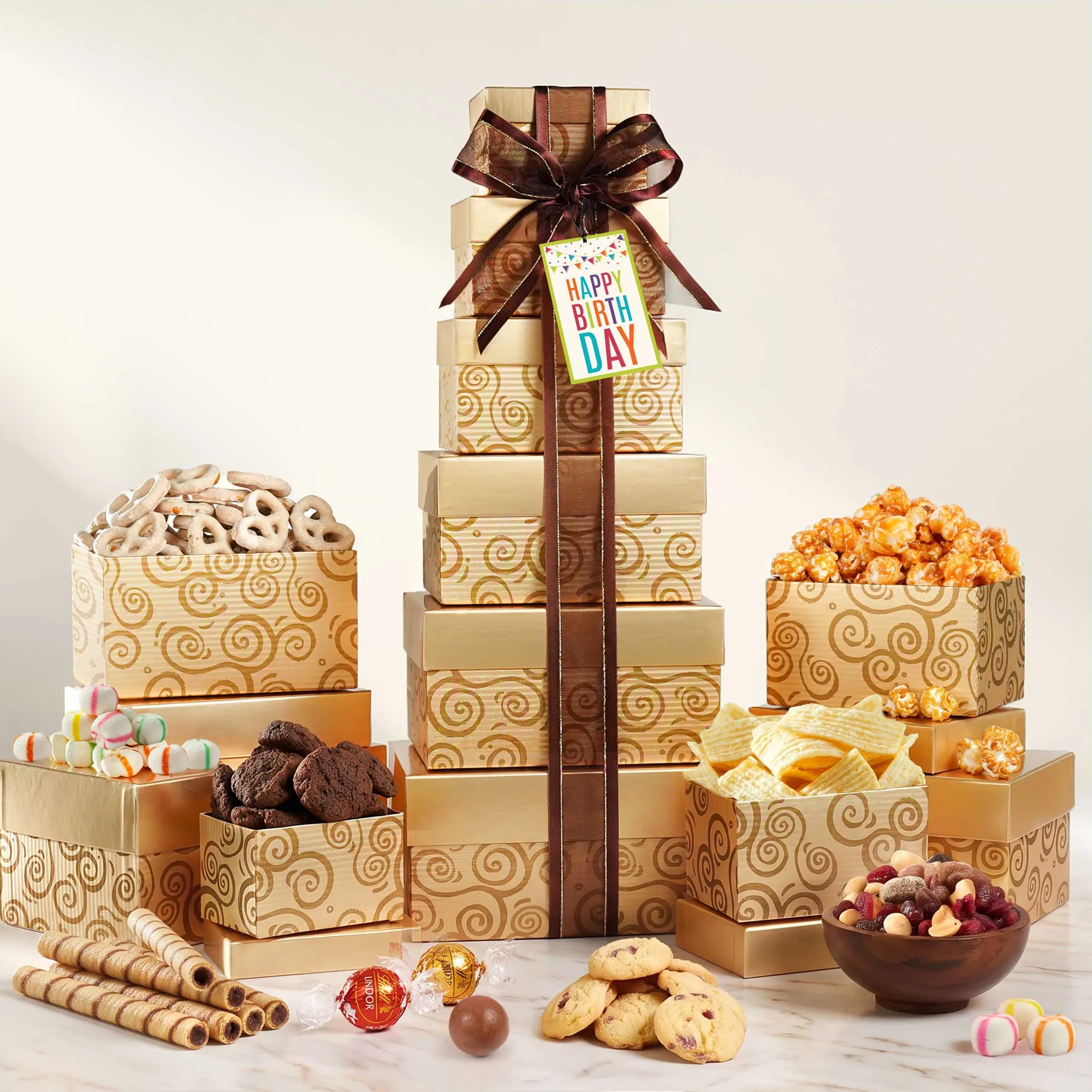 Happy Birthday Golden Gift Tower of Sweets
