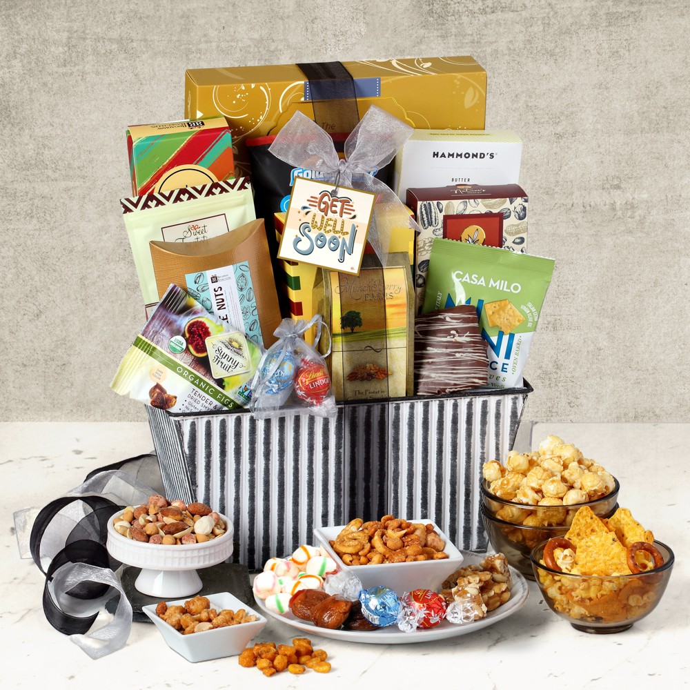 >Get Well Deluxe Striped Gift Basket