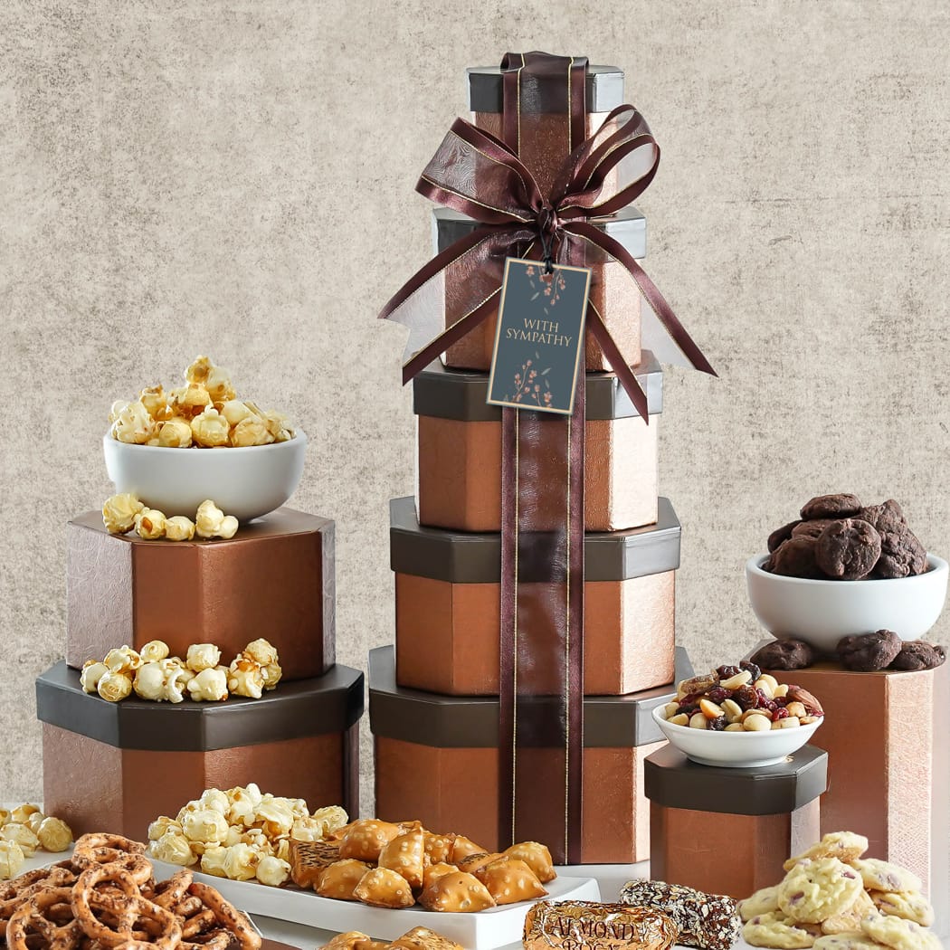 >Gourmet Sympathy Gift Tower of Sweets