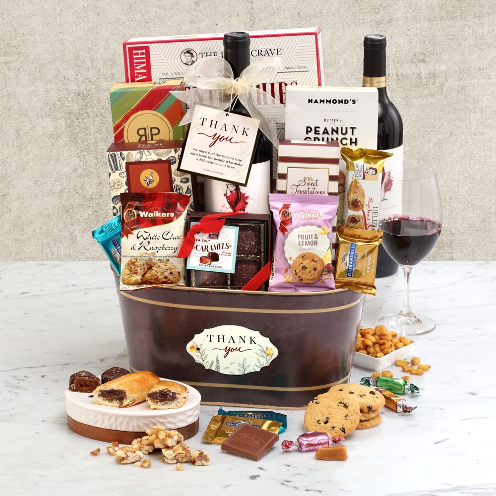 >Gourmet Thank You Wine Gift Basket