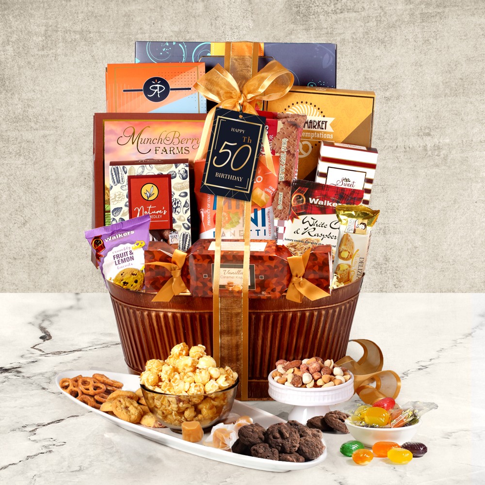 Buy our happy 50th birthday basket at broadwaybasketeers.com