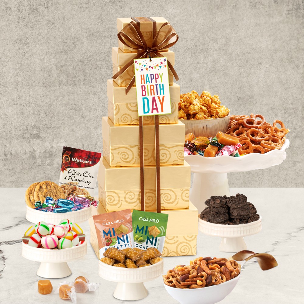 >Happy Birthday Golden Gift Tower of Sweets