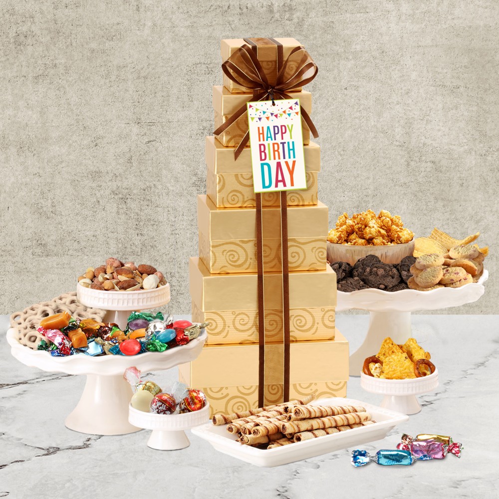 >Happy Birthday Golden Gift Tower of Sweets