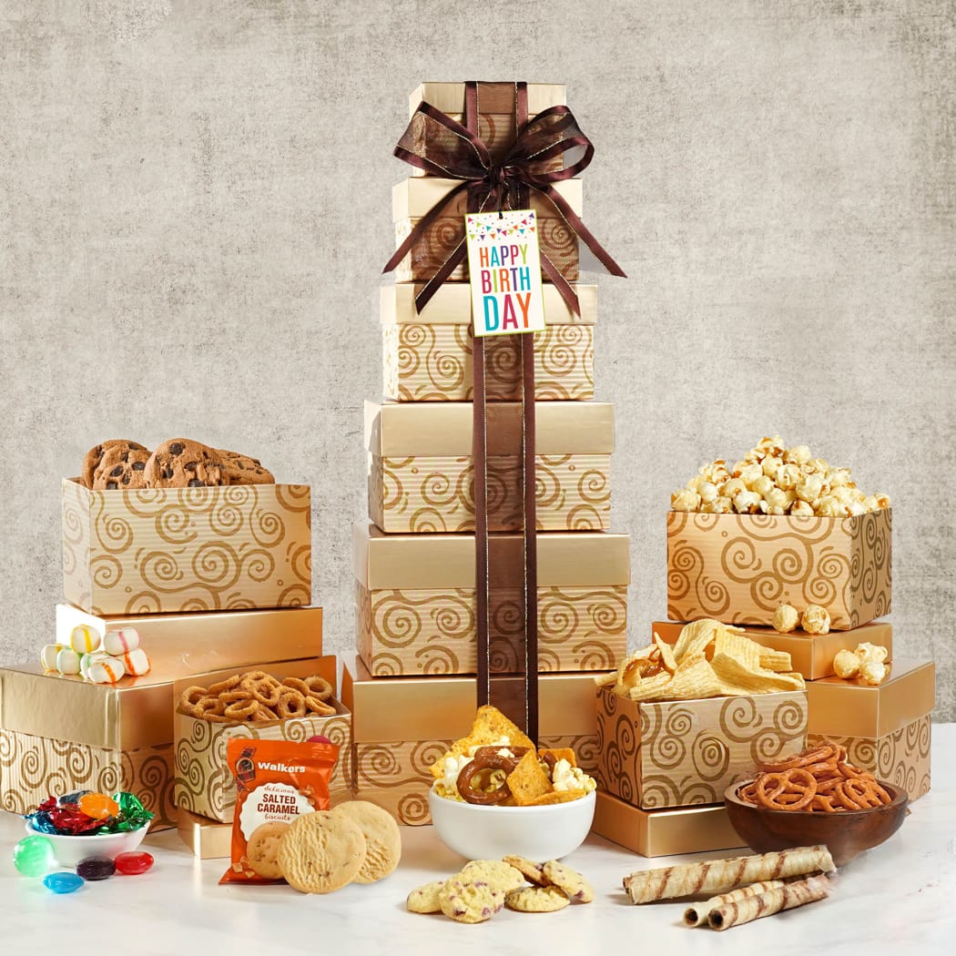 >Happy Birthday Golden Gift Tower of Sweets