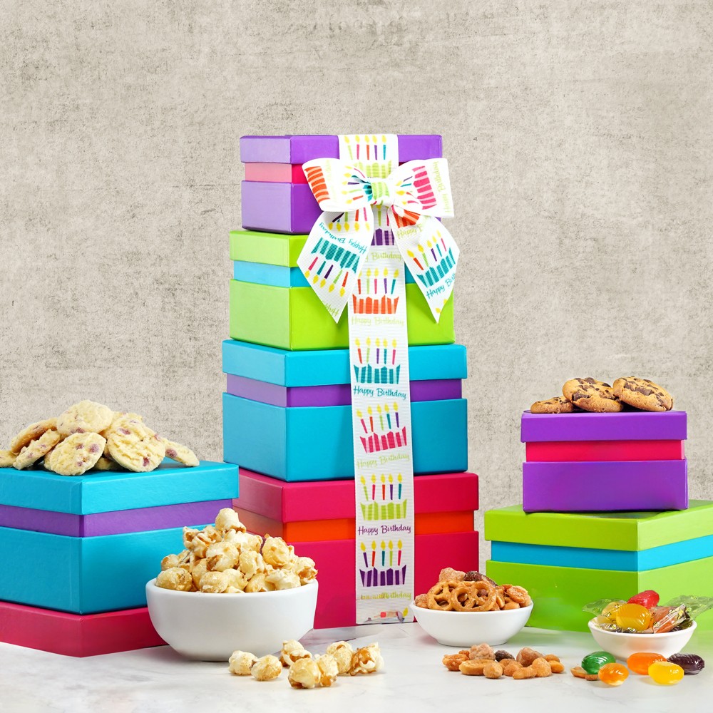 Buy our happy birthday wishes gift tower at broadwaybasketeers.com