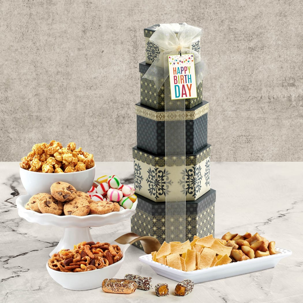 >Snacks & Sweets Birthday Tower