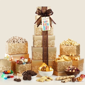 Happy Birthday Golden Gift Tower of Sweets