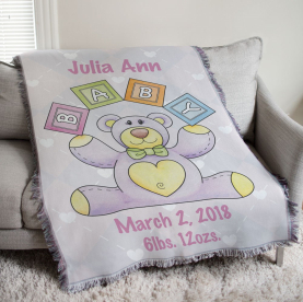 Personalized Baby Girl Teddy Bear Tapestry Throw