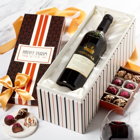 Buy our purim wine & chocolate gift box at broadwaybasketeers.com