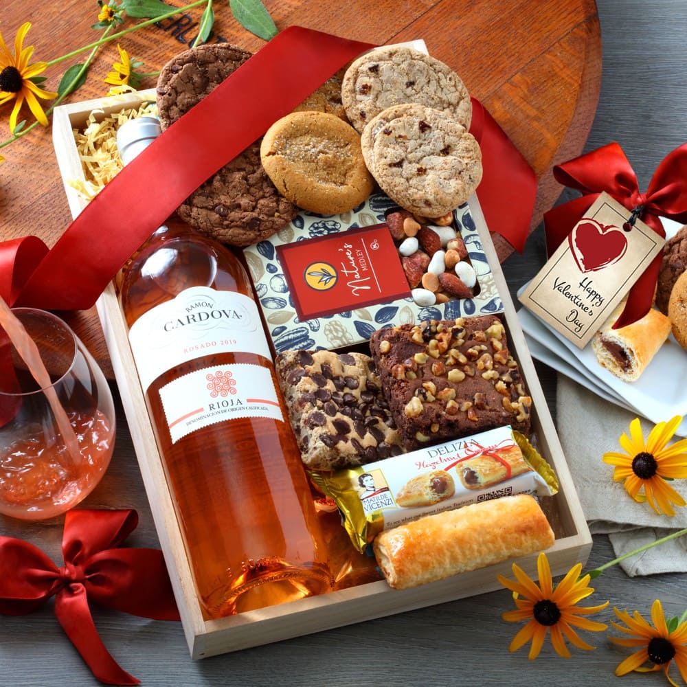 Valentines Day Wine &amp; Snacks Gift Tray by BroadwayBasketeers.com